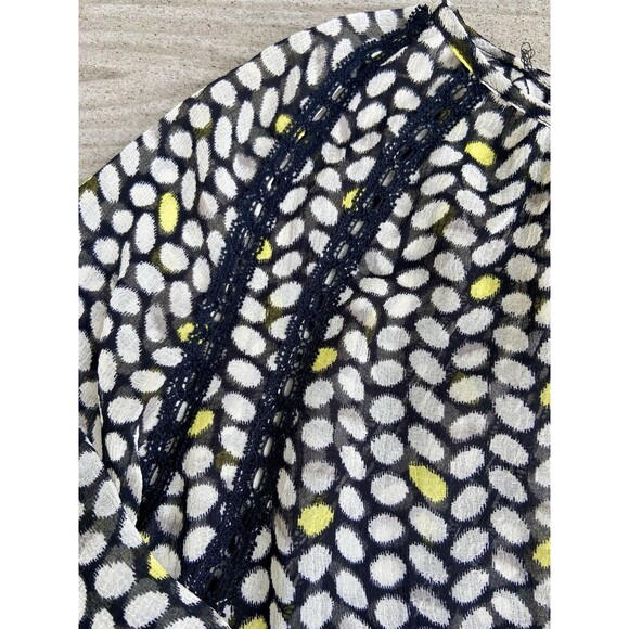 Vince Camuto Black White Yellow Shirt Size L Lace Detail And Drawstrings Tassels - Picture 8 of 16